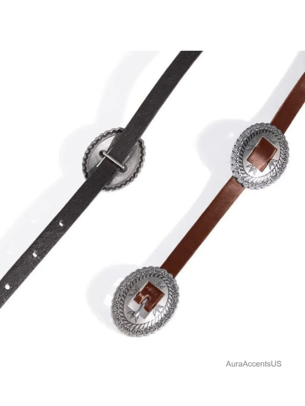 Faux Leather Western Skinny Belt Silver Conchos Cowgirl Country